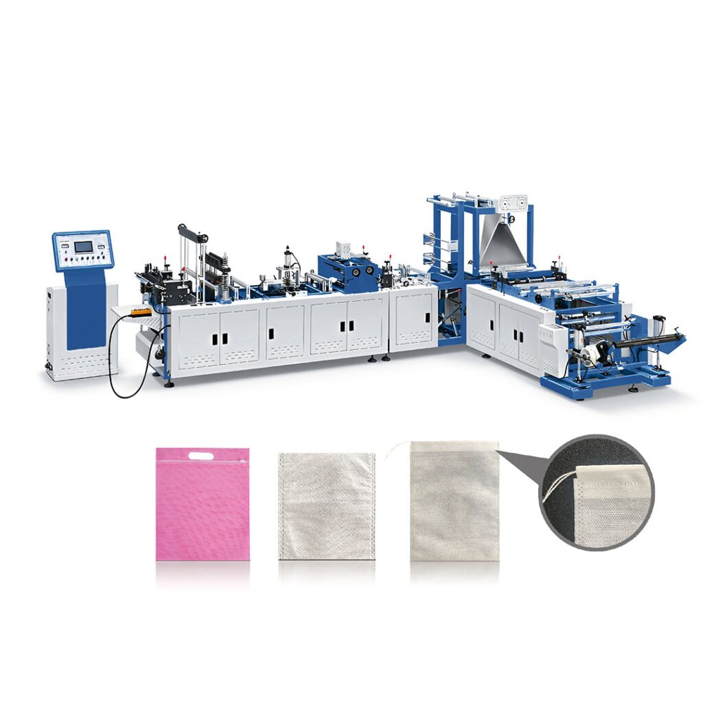 Non-woven bag making machine with zipper, with stitching, with stringing